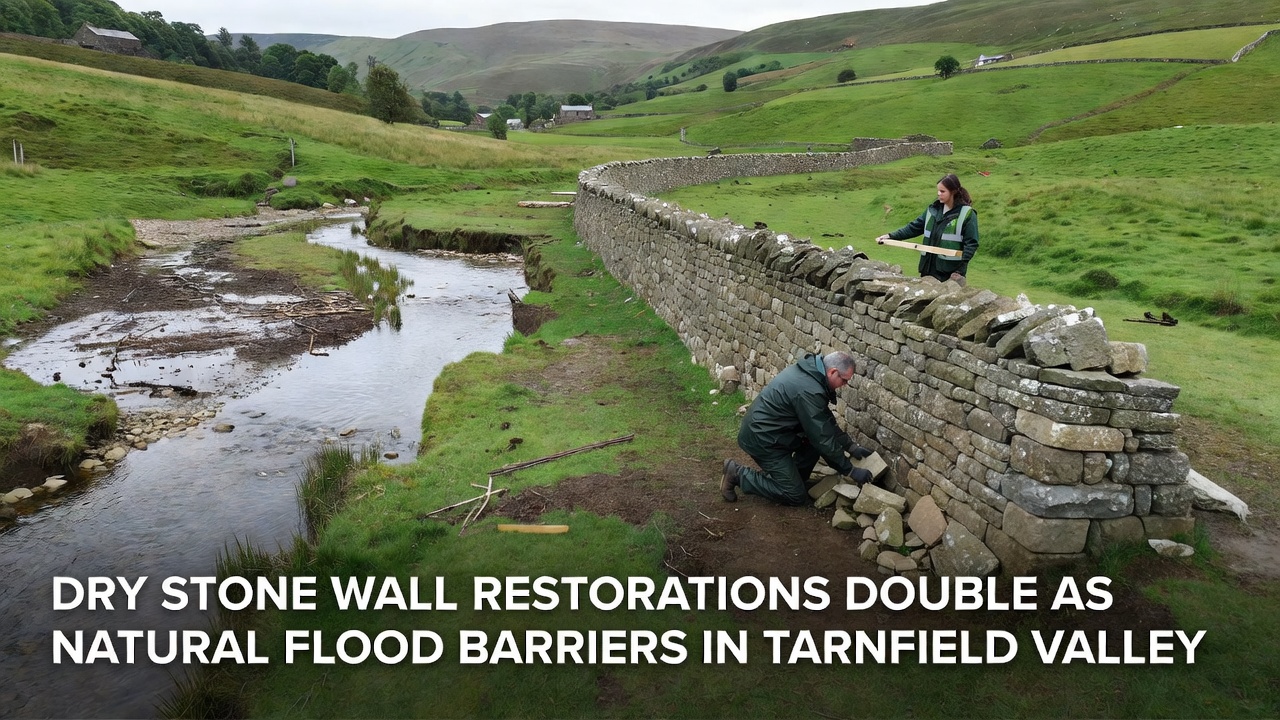 Volunteers repairing a section of dry stone wall near a stream in Tarnfield Valley, showing the integration of wall restoration with nearby woodland planting