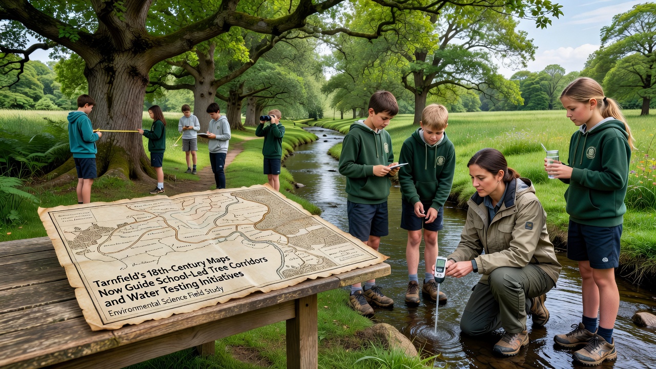 Students using 18th-century map references to mark tree planting locations along a Tarnfield stream