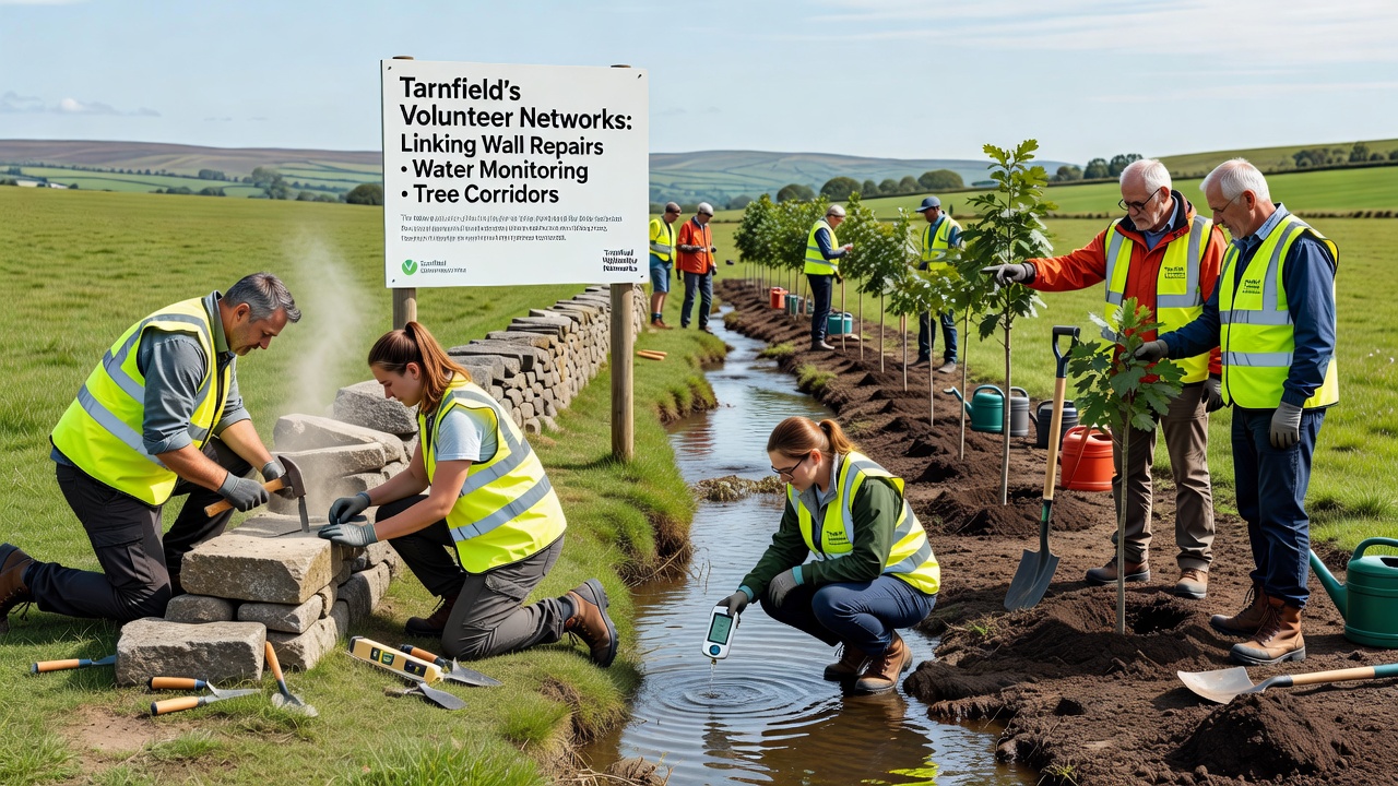 Tree planting along a corridor linking repaired walls and water monitoring points in Tarnfield